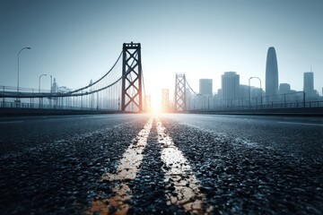 Obraz premium Bay Bridge perspective view with city skyline and asphalt road leading to city center, reflecting sunlight with a contemporary urban landscape.