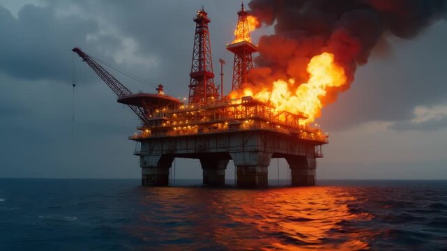 An oil rig in the middle of the ocean on fire