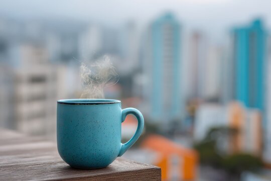 A calming blue mug filled with steaming beverage sits on a wooden table, the city skyline blurred in the background, creating a peaceful urban moment, relaxing time. - Powered by Adobe