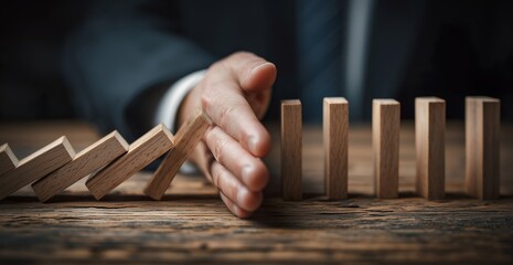 Businessman Preventing Domino Effect with Hand