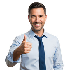 Smiling businessman giving thumbs up in professional attire against dark backdrop
