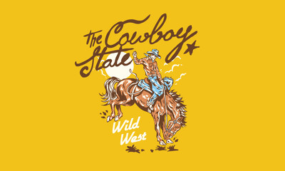 Vintage artwork of a rodeo cowboy on a bucking horse. Retro illustration for The Cowboy State for t shirt print