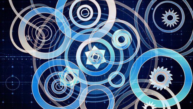 Futuristic spinning blue gears and circular elements in abstract digital motion background with geometric patterns and cyber technology theme