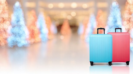 Naklejka premium Colorful luggage stands in a festive shopping center during holiday season