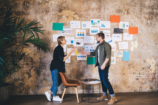 Young business duo actively debating user data metrics on wall of charts, involved in digital product refinement using analytics and creative planning methods.