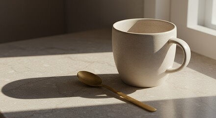 Cozy Morning Scene: A Minimalist Coffee Mug with a Golden Spoon and Natural Window Light.
