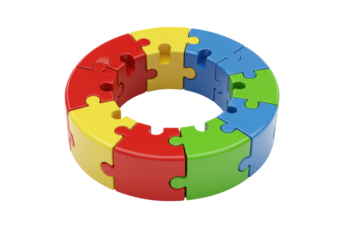Isolated puzzle pieces form a circular shape design made of colorful segments, fun toy object