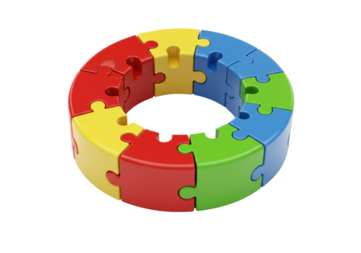 Isolated puzzle pieces form a circular shape design made of colorful segments, fun toy object