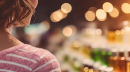 Exploring vibrant beauty products in a colorful store at dusk