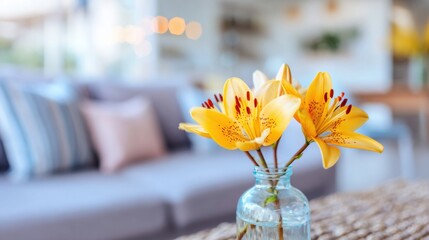 Beautiful yellow lilies in a vase brighten a cozy living room space