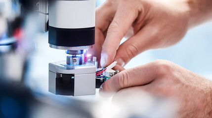 Close-up of hands adjusting a small electronic component under a microscope in a laboratory setting