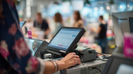 Fototapeta premium Medium shot of a customer scanning items at a selfcheckout station with the touchscreen in clear focus while the background shoppers remain blurred.