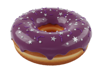 Isolated, purple glazed donut with star and sprinkle toppings ready to eat as snack food item
