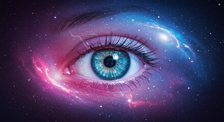 Human eye with a galaxy nebula reflection cosmic space theme.
