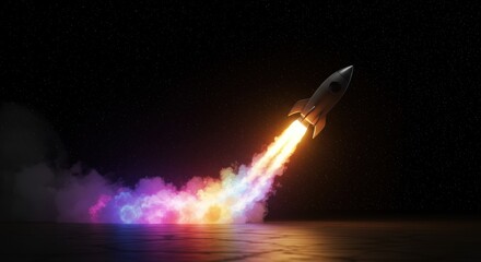 A rocket takes off with brightly colored flames and smoke against a black background.