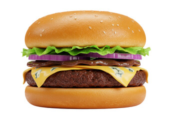 Isolated hamburger with cheese, lettuce, red onion, and brown sauce, closeup view