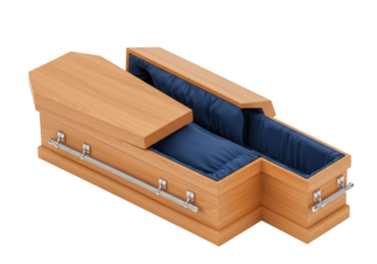 Isolated wooden casket with blue interior, coffin for burial services and funeral homes