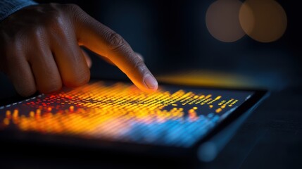 Fototapeta premium Focused medium shot of digital heatmaps on a tablet screen with finger pointing emphasizing user interaction patterns to enhance sales strategies.
