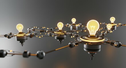 Glowing lightbulbs connected by metallic structure on gray background represent ideas.