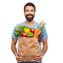 Smiling man holding grocery bag filled with fresh fruits and vegetables