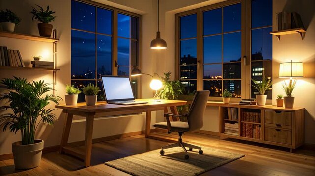 Warmly lit workspace with laptop computer, plants, and a view of a cityscape at night, showcasing a comfortable interior design.