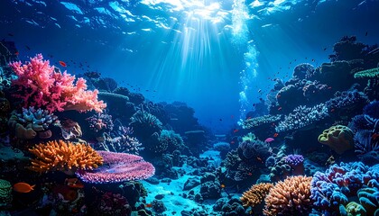 Vivid underwater scene showcasing a coral reef with diverse marine life. Sunlight streams through the water, illuminating the colorful coral and fish