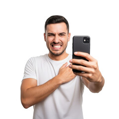 Man frustrated while holding smartphone taking selfie expressions emotion