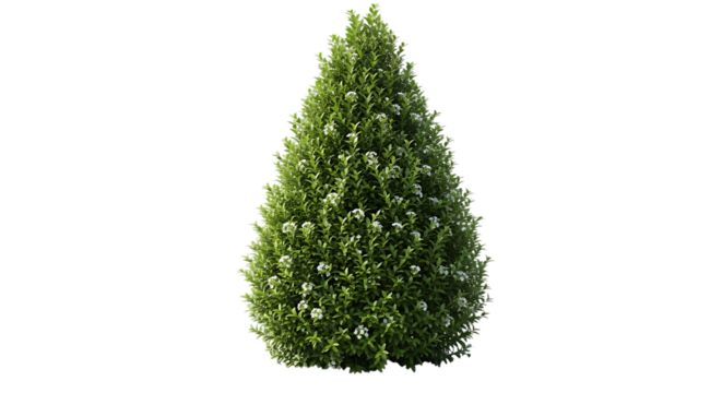 Topiary Bush with White Flowers on Black Background Keywords: bush, topiary, plant, green