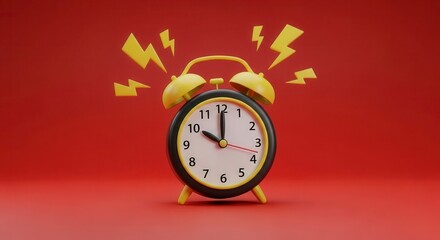 Alarm clock ringing with lightning bolts on red background, time management concept, wake up call, deadline reminder
