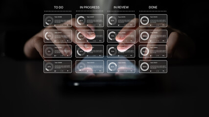 Task management tool dashboard showing kanban-style workflow with columns for to do, in progress, in review, and done, including task cards, progress, and team icons Latch