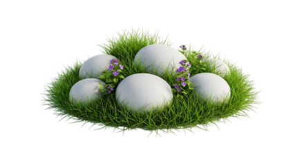 White Spheres and Purple Flowers on Green Grass round