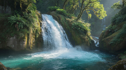Cascading waterfalls flow naturally down a green mountain stream through a rocky forest landscape