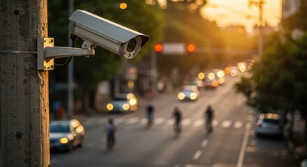 Surveillance camera on pole overlooks street with cars and pedestrians at sunset.