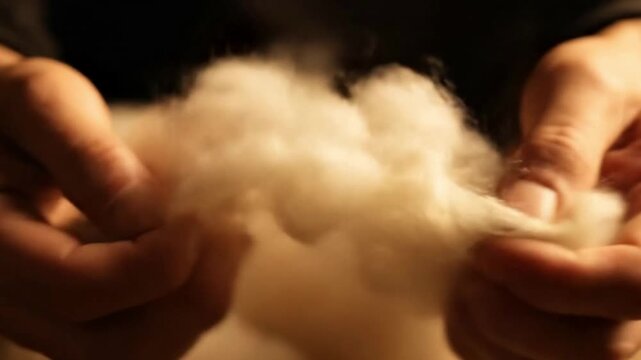 Close-Up of Raw Wool Fibers in Worker&rsquo;s Hands with Warm Light and HDR Detail