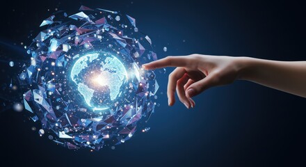 Hand touches a glowing digital globe surrounded by shattered fragments on dark background.