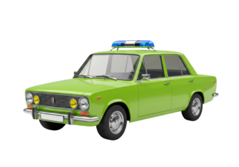 Isolated green Russian car for police with flashing lights at rooftop in perspective view