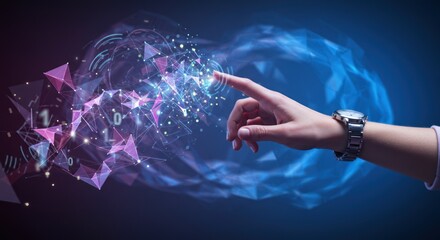 Hand touching digital cloud with geometric shapes on a dark background.