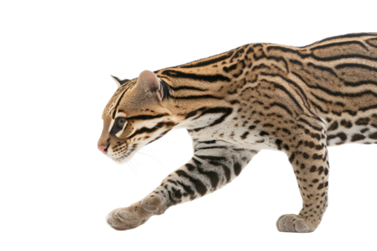 A side profile of an ocelot walking, showcasing its distinctive spotted coat and sleek body. background removed