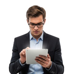 Focused businessman engaged with digital tablet technology for business success