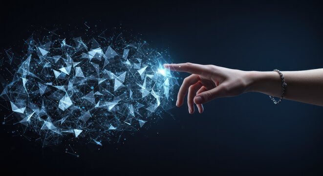 Hand reaching towards glowing abstract geometric shapes on a dark blue background.