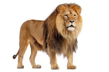Obraz premium Majestic male African lion, standing proudly with a thick mane, isolated on a transparent background. background removed