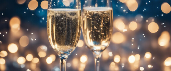 Abstract Celebration With Champagne Flutes With Defocused Christmas Lights In Blue Shiny Background