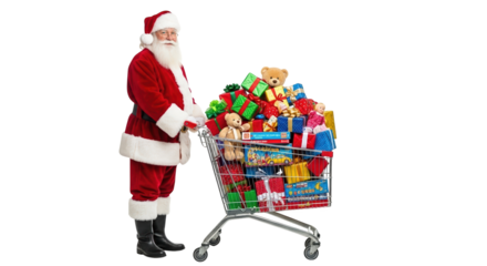 Santa claus pushing a shopping cart full of christmas gifts and toys isolated on transparent background