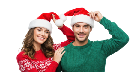 Happy couple wearing christmas sweaters and santa hats, smiling and posing together isolated on transparent background