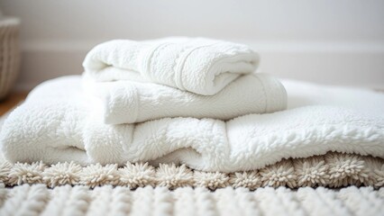 A set of fluffy soft white towels and a cozy light gray rug adds texture and warmth while the soft t