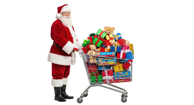 Santa claus pushing a shopping cart full of christmas gifts and toys isolated on transparent background