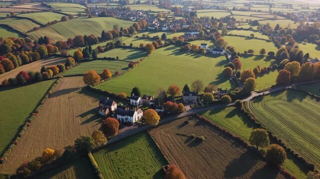 Houses surrounded by fields and trees stand together as the houses scatter across the landscape. The trees cast shadows near the fields while the fields stretch far beyond.