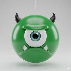3D render of a green cartoon monster emoji with one big eye, horns, and sharp teeth. Cute but grumpy character design concept for fantasy, animation, gaming, and digital illustrations.