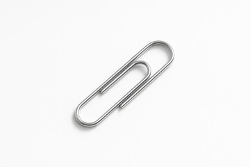 Hyper-realistic image of an office paperclip diagonally positioned on a white background in a minimalist design for branding with copy space.