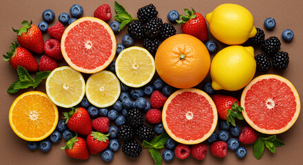Vibrant assortment of fresh fruits and berries on a brown background